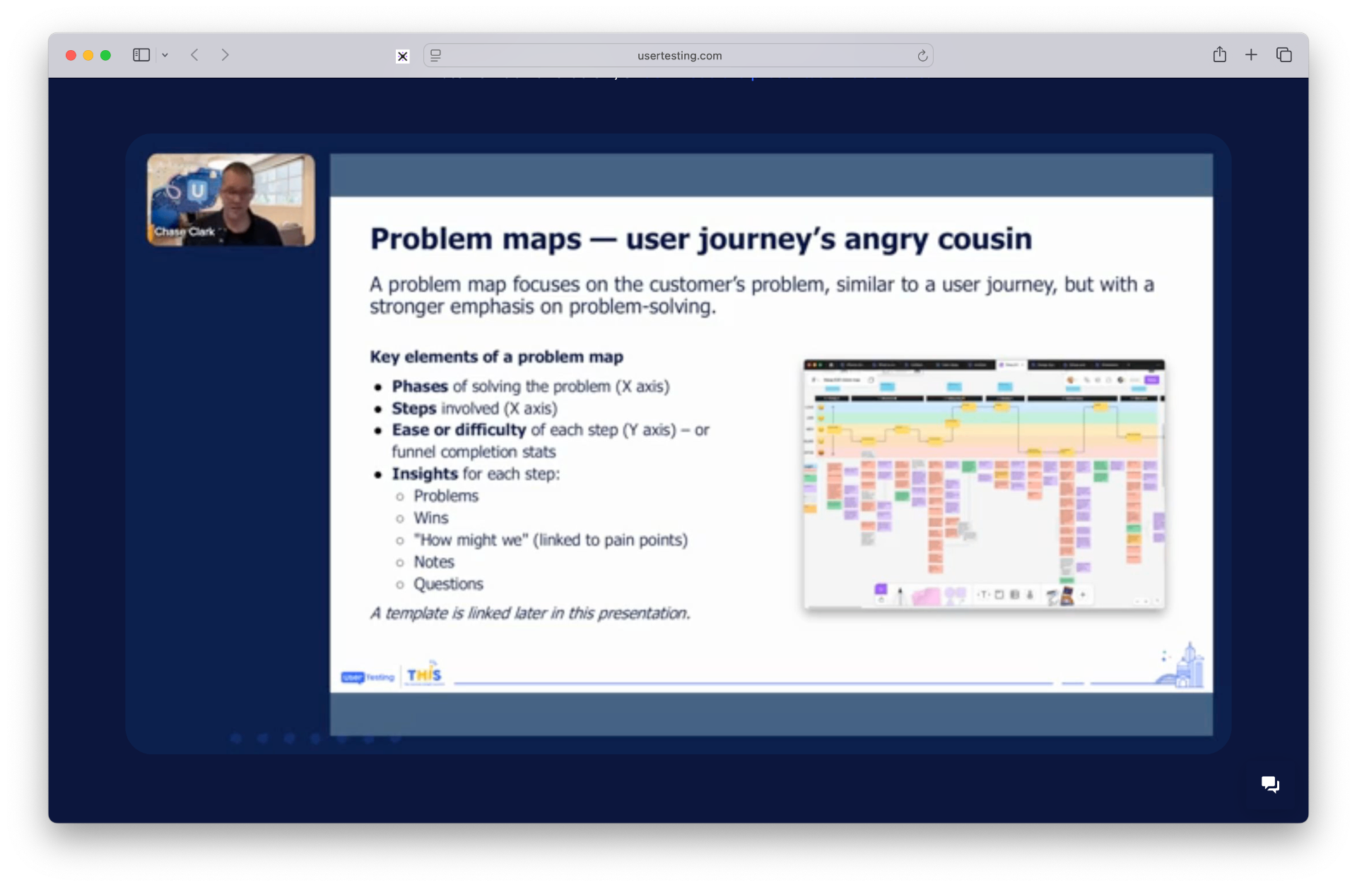 Chase Clark presenting the Mindful Innovations webinar on UserTesting, showing a slide about problem maps